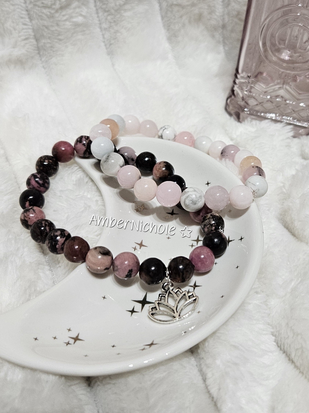 ☆ Pink and White Beaded Lotus Charm Bracelet Set